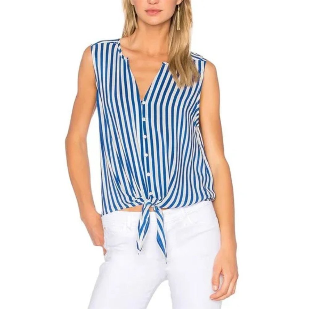 Joie Tyson Tank 100% Silk Front Tie High Seas Blue & Porcelain White Stripe M
